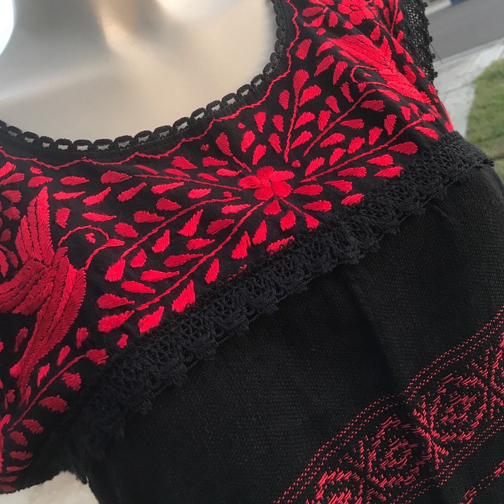 New Mexican Handmade Embroidered Dress Black & Red